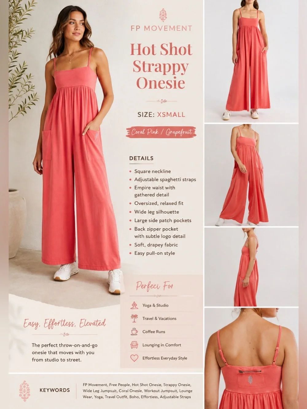 FP Movement Hot Shot Strappy Onesie Grapefruit Coral Pink Jumpsuit XSmall